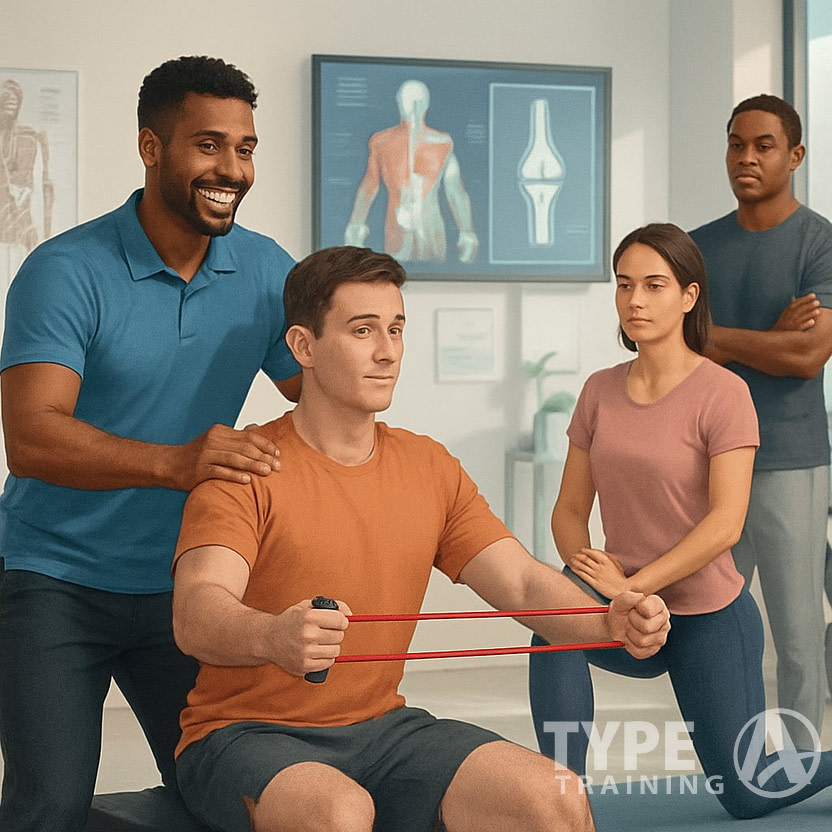 A corrective exercise specialist guiding clients through personalized exercises in a fitness studio focused on injury prevention and improved mobility.