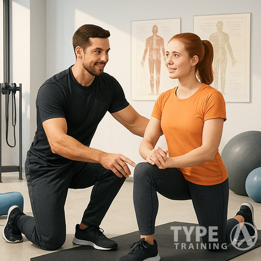 A corrective exercise specialist guiding a client through an exercise in a gym with exercise equipment and anatomical charts in the background.