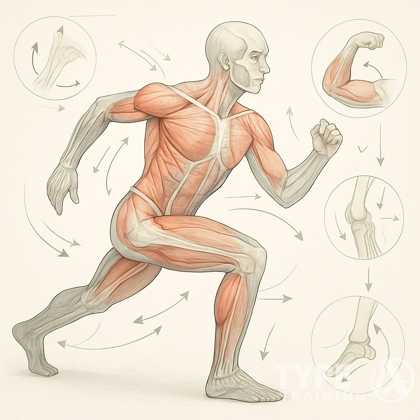 A transparent human figure in an athletic pose showing muscles and joints with diagrams illustrating joint movements and muscle activation.