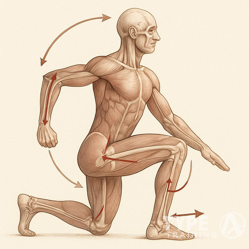 A human figure showing muscles and bones with arrows illustrating joint movements and forces during a corrective exercise.