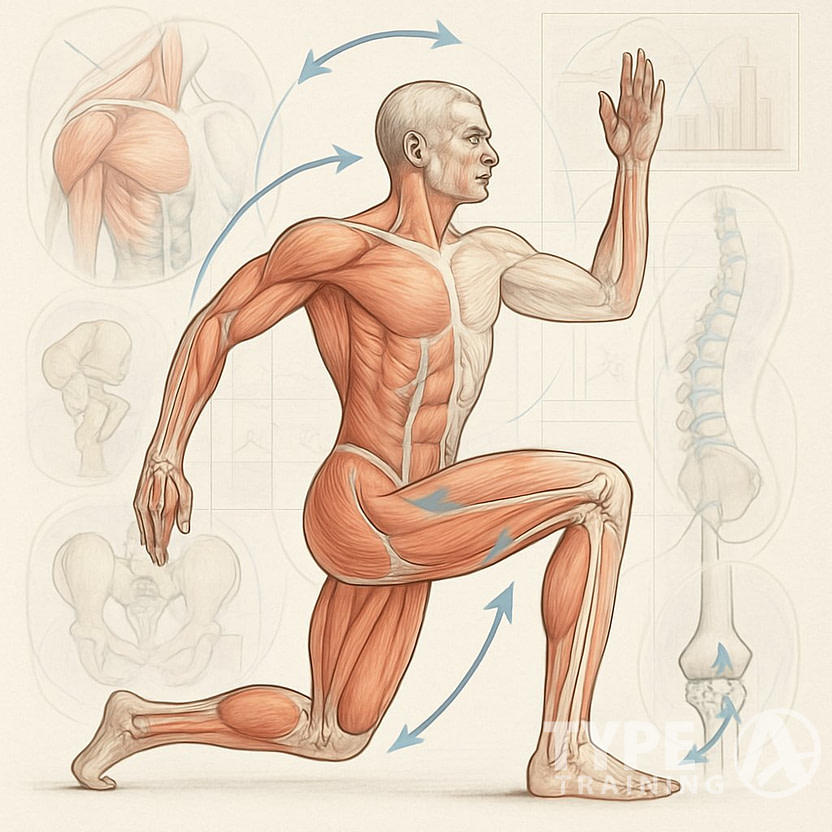 A detailed illustration of a human figure showing muscles and bones with overlays of biomechanical diagrams and arrows indicating movement and correction.