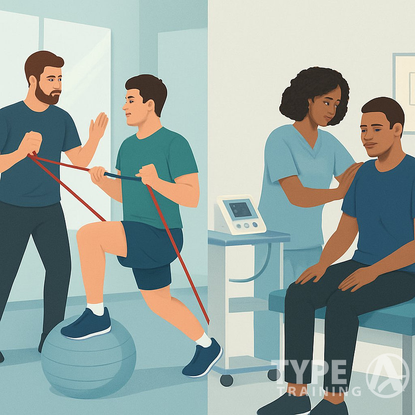 A person performing corrective exercises with a fitness professional on one side, and a patient receiving hands-on care from a physical therapist in a clinical setting on the other side.