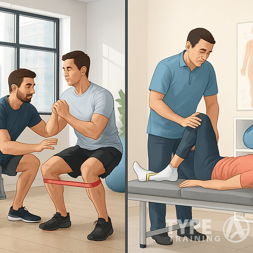 A fitness trainer guiding a person through corrective exercises in a gym and a physical therapist treating a patient on a treatment table in a clinic, showing the difference between corrective exercise and physical therapy.