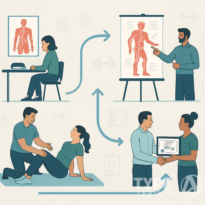 An illustration showing people learning and training in corrective exercise, including studying anatomy, practicing exercises, and receiving certificates, connected in a flowchart layout.