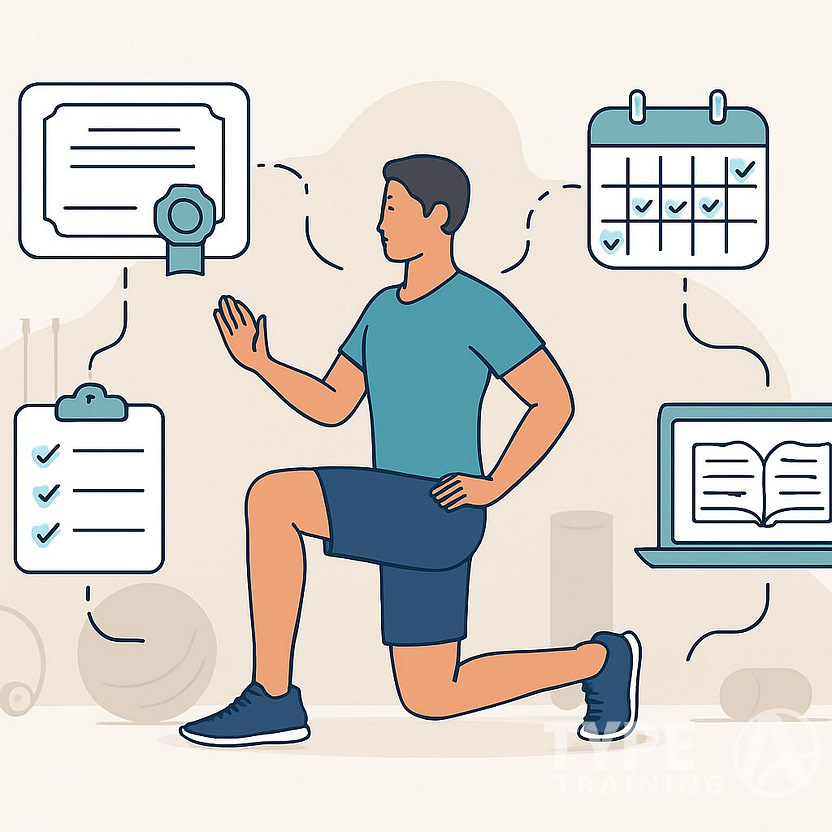 A fitness professional demonstrating corrective exercises surrounded by icons representing certification, training, scheduling, and study materials, with gym equipment in the background.