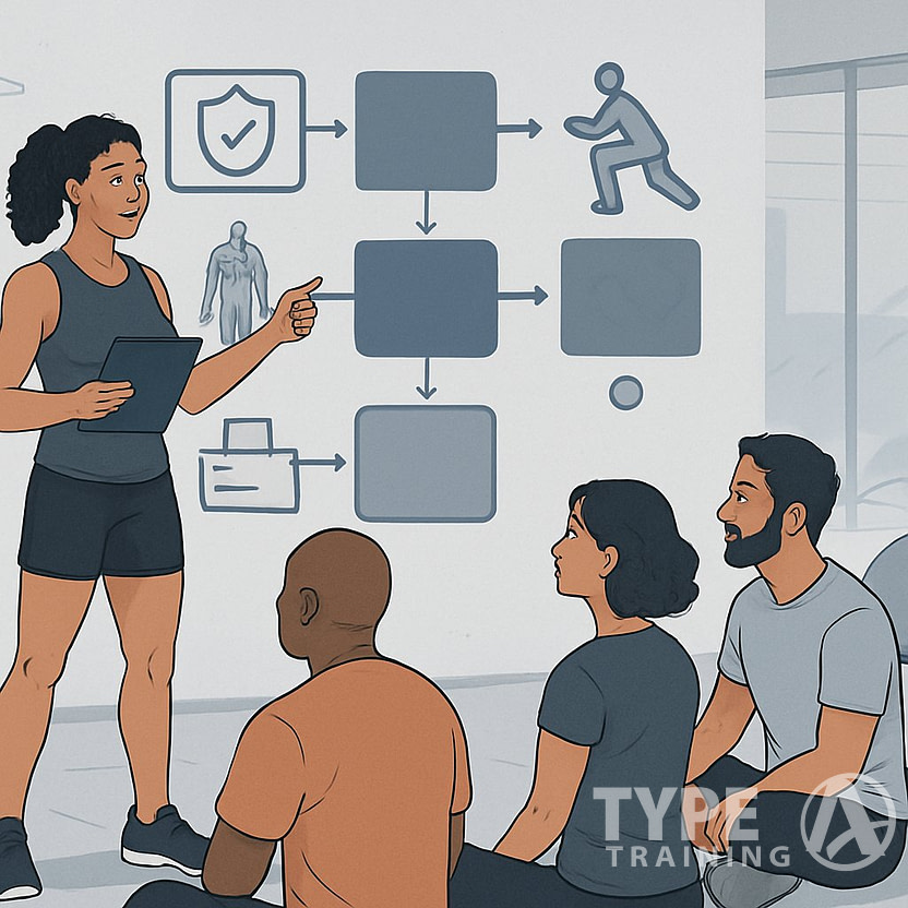 A fitness professional teaching corrective exercise techniques to a group of trainees in a gym setting with exercise equipment and a flowchart illustrating training steps.