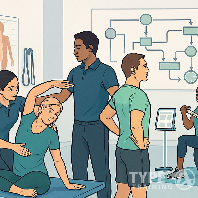 A group of fitness professionals practicing corrective exercises in a modern gym with a flowchart diagram in the background showing training and certification steps.