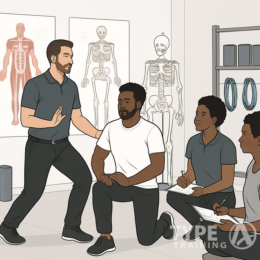 A group of fitness professionals practicing corrective exercise techniques in a training facility with an instructor guiding them.