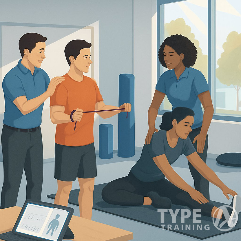 A group of fitness professionals working with clients on corrective exercises in a gym, demonstrating posture adjustments and stretching routines with exercise equipment around them.