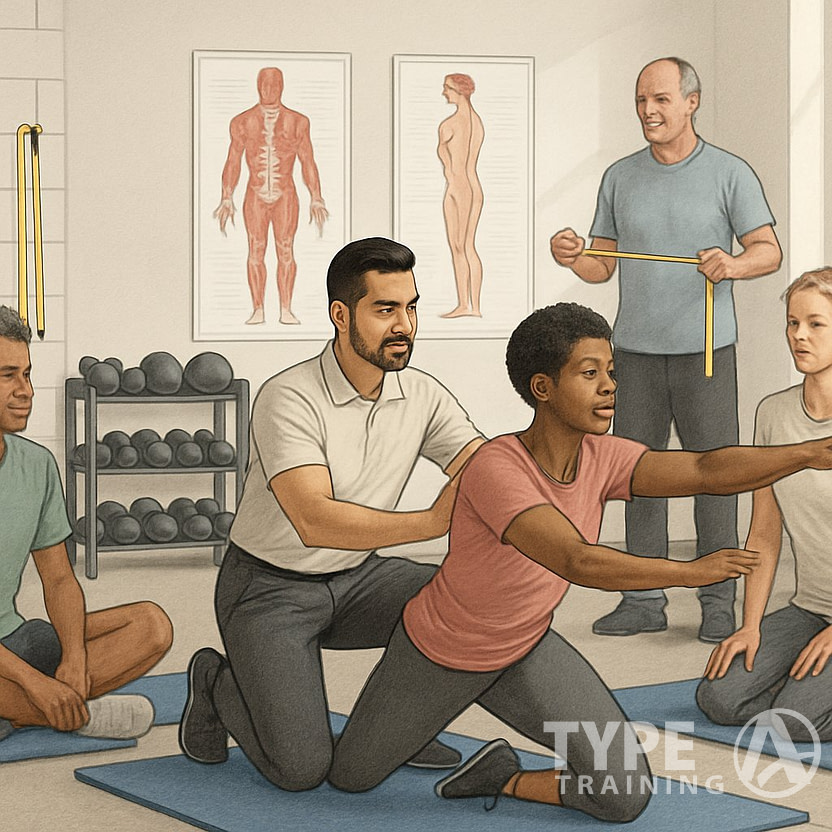 A fitness specialist guiding people through corrective exercises in a gym with exercise equipment and anatomical charts visible.