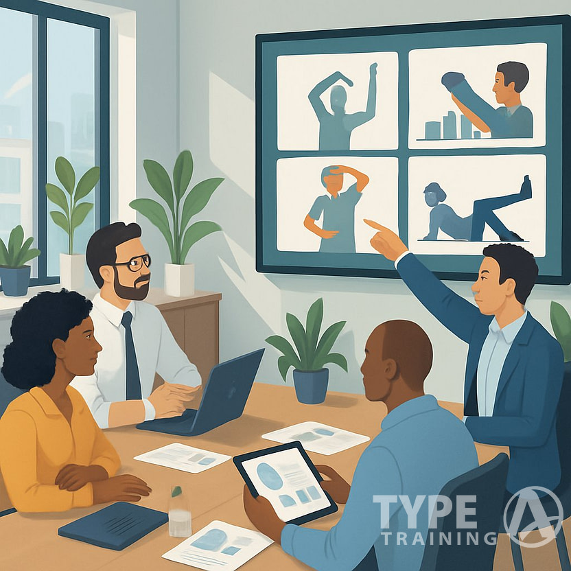 A group of professionals discussing corrective exercise case studies around a table with laptops and charts in a bright office.