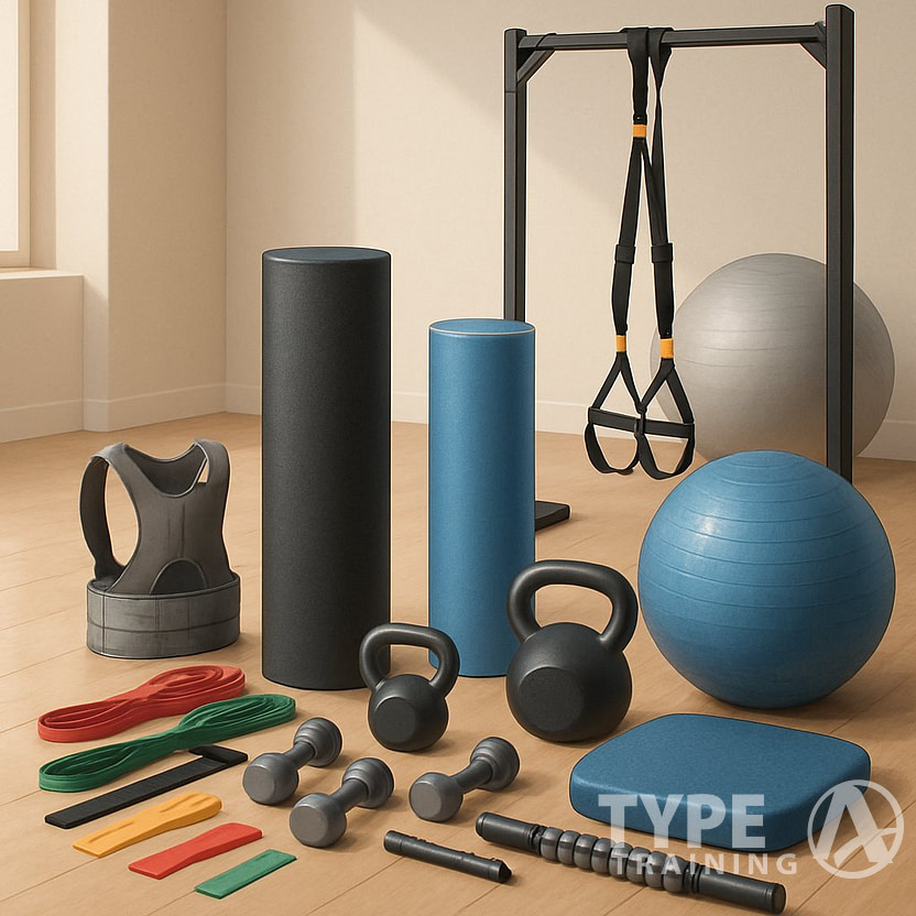 A collection of corrective exercise tools including resistance bands, foam rollers, balance pads, stability balls, dumbbells, kettlebells, a suspension trainer, posture device, and massage stick arranged in a gym setting.