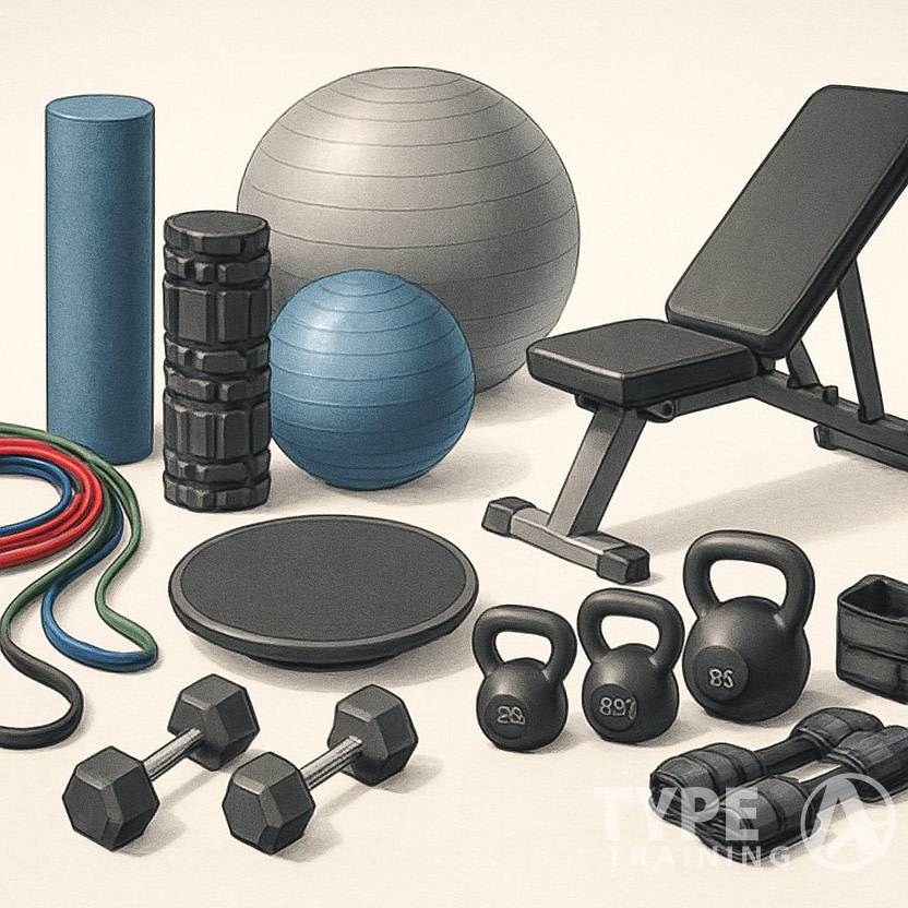 A collection of various corrective exercise tools and equipment including resistance bands, foam rollers, stability balls, balance boards, kettlebells, dumbbells, benches, and ankle weights arranged neatly.