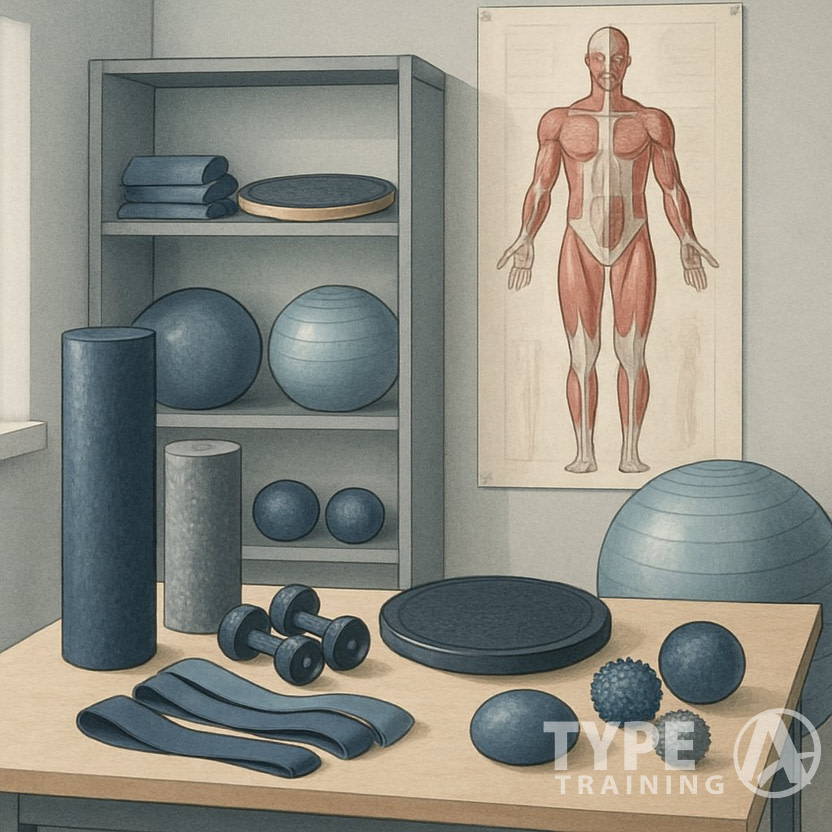 A workspace displaying various corrective exercise tools like foam rollers, resistance bands, dumbbells, balance boards, and an anatomical model showing muscles and joints.
