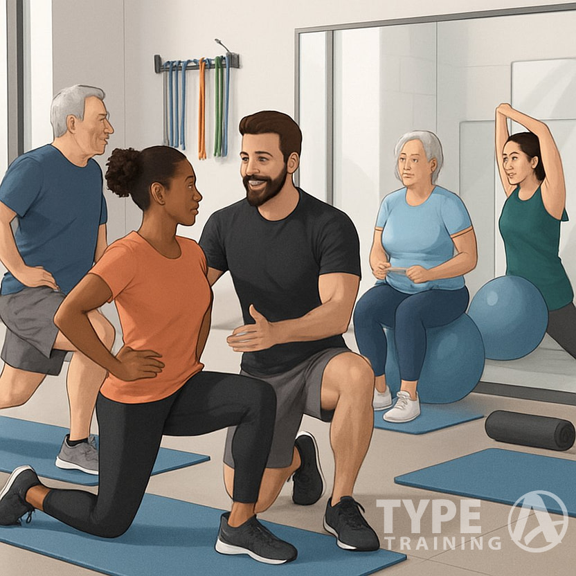 A fitness trainer guiding a group of diverse people through exercises that improve posture and balance in a gym setting.