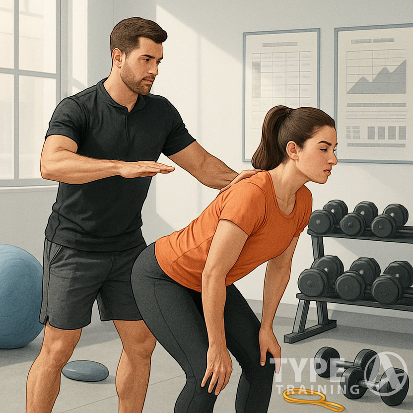 A fitness trainer instructing a client on corrective exercises in a gym with exercise equipment around them.
