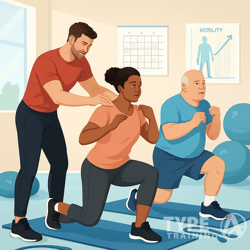 A fitness trainer instructing a diverse group of adults performing corrective exercises in a modern gym setting, focusing on proper posture and movement.