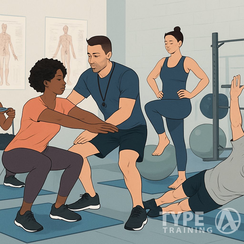 A fitness coach demonstrating corrective exercises to a group of people in a gym, focusing on proper posture and movement.
