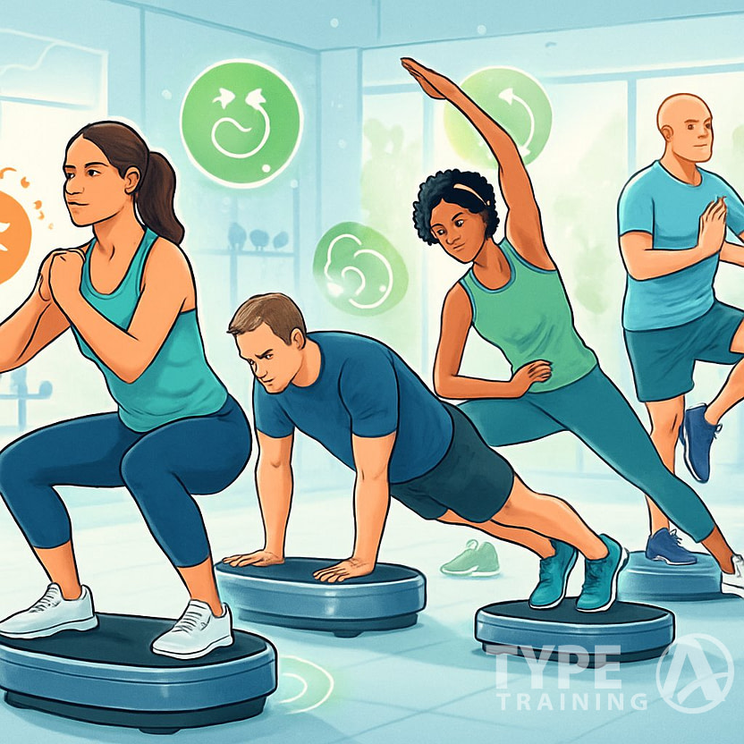 A group of people exercising on Power Plate machines in a gym, demonstrating strength, balance, and flexibility benefits.
