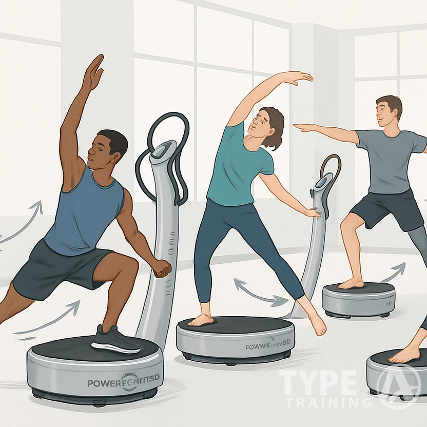A group of adults exercising on Power Plate machines in a gym, demonstrating improved flexibility and range of motion through dynamic stretching and balanced poses.