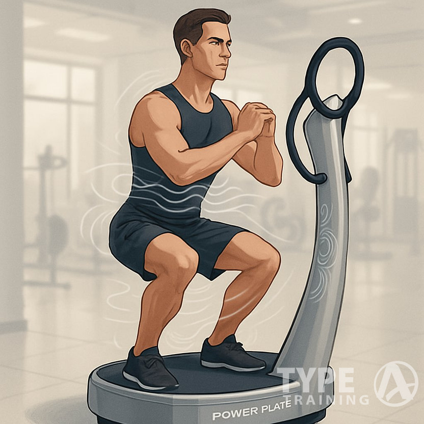 A person standing on a Power Plate machine in a gym, maintaining balance and engaging their core during exercise.