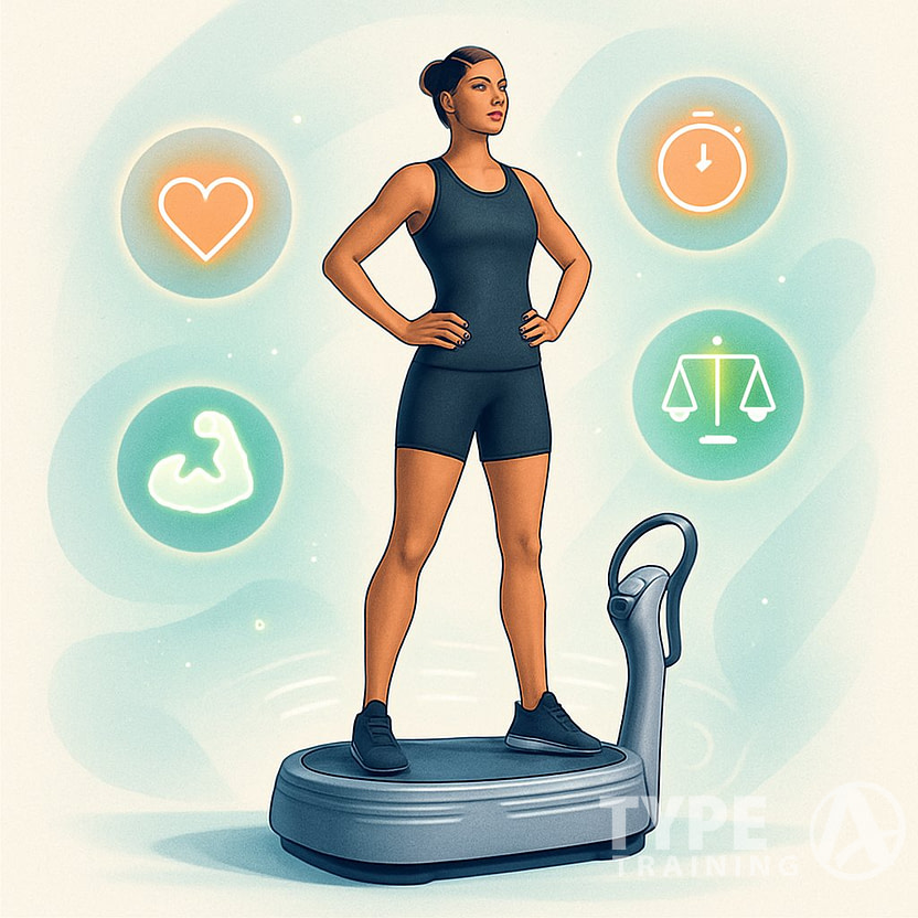 A fit person standing on a Power Plate machine surrounded by icons representing health, strength, flexibility, balance, and efficiency.