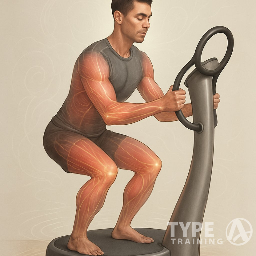 A person standing on a Power Plate machine with visual effects showing muscle recovery and vibration waves around them.