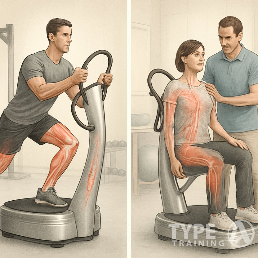 An athlete exercises on a Power Plate machine while a patient uses the same machine for muscle recovery with a therapist assisting.