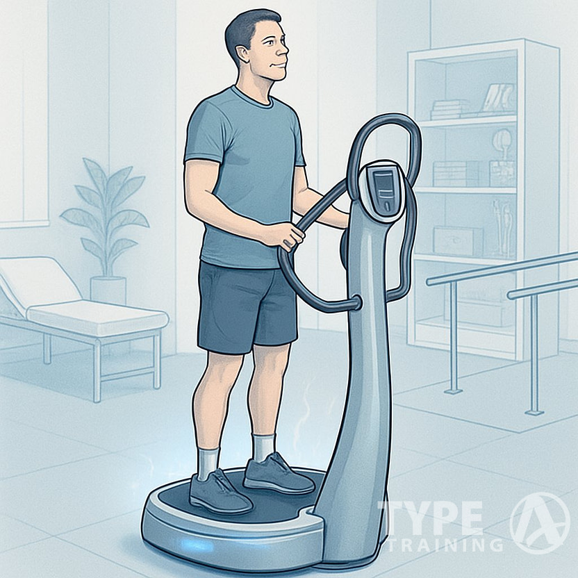 A person standing on a Power Plate device in a fitness setting, demonstrating muscle recovery with visible device features and safety elements around.