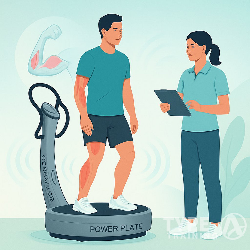 A person using a Power Plate machine for muscle recovery in a wellness setting with a trainer observing nearby.