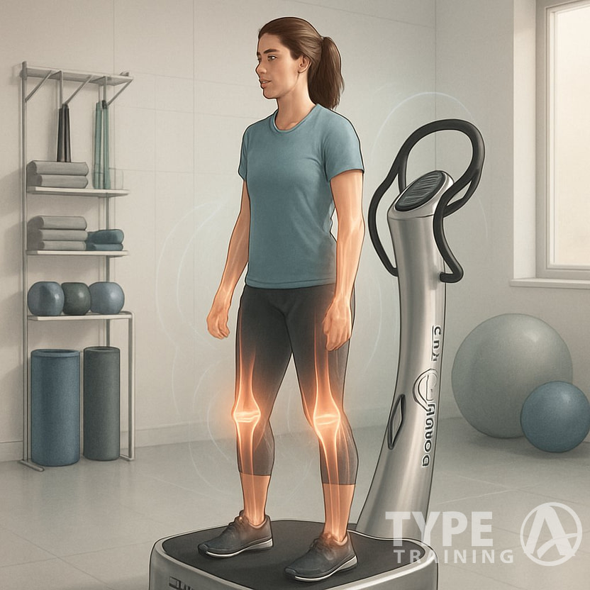 A person using a power plate machine in a rehabilitation clinic with highlighted joints, surrounded by physical therapy equipment.