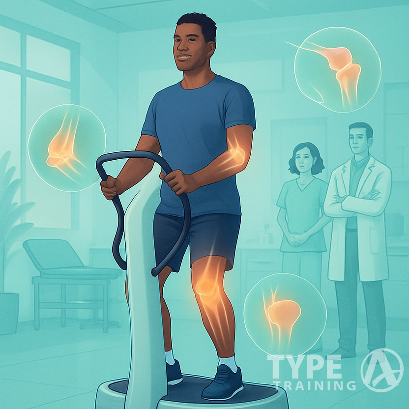 A person using a power plate machine in a rehabilitation center with medical professionals nearby and glowing outlines of joints around them.