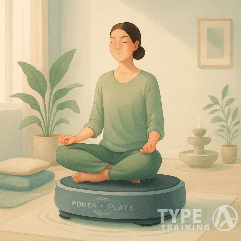 A person using a power plate machine in a calm room designed for stress relief and relaxation, surrounded by plants and soft lighting.