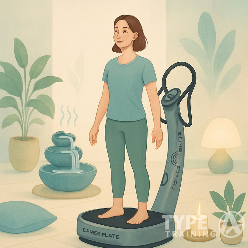 A person calmly using a Power Plate machine in a peaceful, softly lit room with plants and relaxing decor.