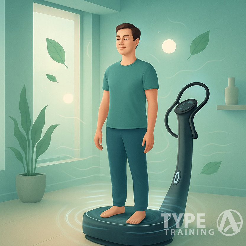 A person standing calmly on a Power Plate machine in a peaceful studio, surrounded by soft glowing waves and symbols of relaxation.