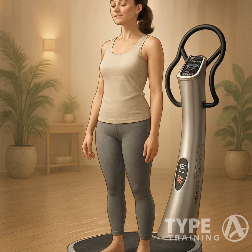 A calm woman standing barefoot on a vibration training platform in a peaceful spa-like room with plants and warm lighting.