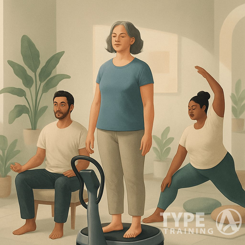 A group of people using a Power Plate machine and relaxing in a calm wellness center with plants and soft lighting.