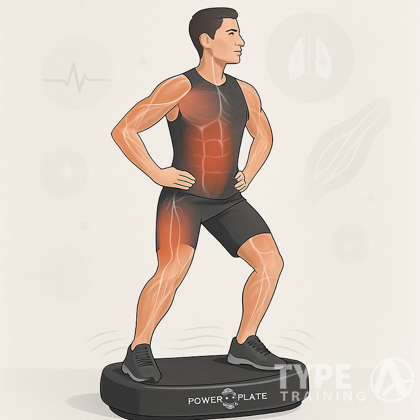 A person standing on a Power Plate vibration platform performing a warm-up exercise with visible vibrations and highlighted muscles showing activation.