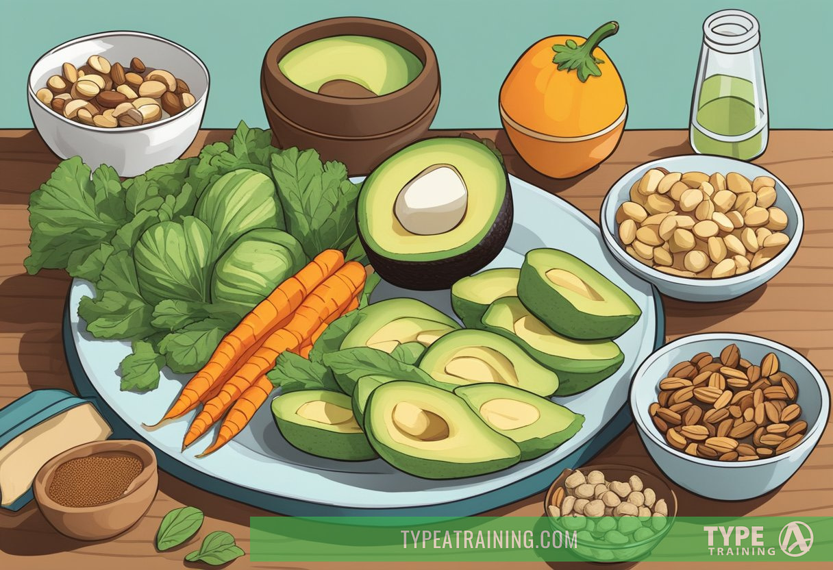 A table filled with colorful vegetables, nuts, seeds, and plant-based protein sources. A book titled "Keto for Vegetarians and Vegans" sits open beside a plate of avocado and tofu