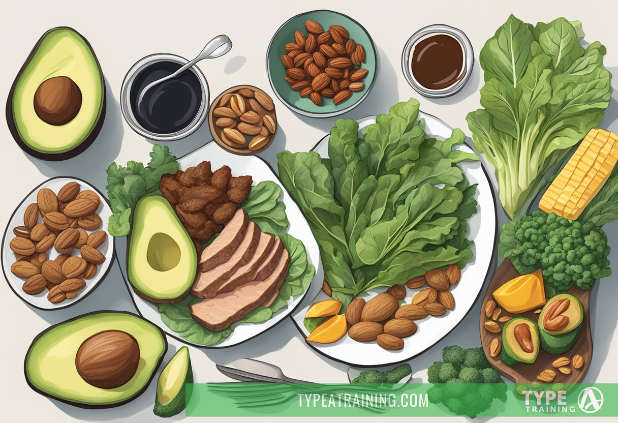A table set with a variety of keto-friendly foods, including leafy greens, grilled meats, avocado, and nuts, with a menu displaying "Keto Options" prominently