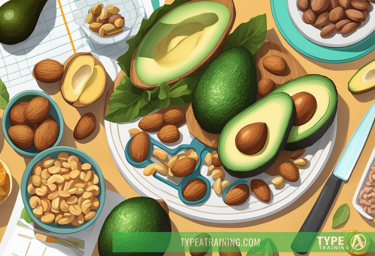 A table with a variety of low-carb, high-fat foods like avocados, nuts, and lean meats. A measuring tape and scale sit nearby