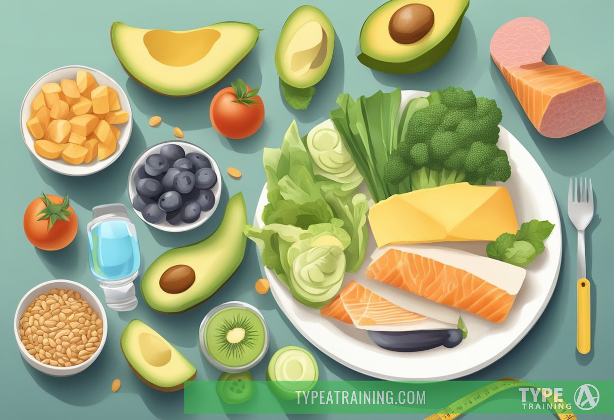 A variety of low-carb, high-fat foods arranged on a plate, with a measuring tape wrapped around it to symbolize weight loss on the Keto diet