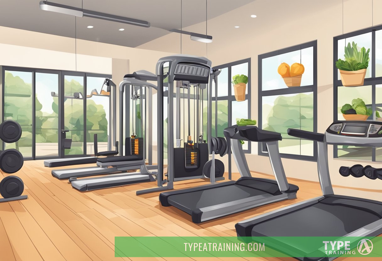 A gym with keto-friendly foods and weight loss equipment