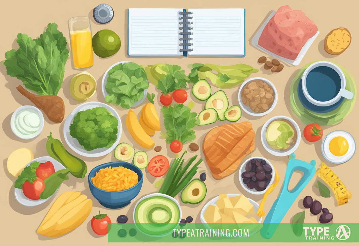 A table filled with keto-friendly foods and a tape measure to symbolize weight loss progress
