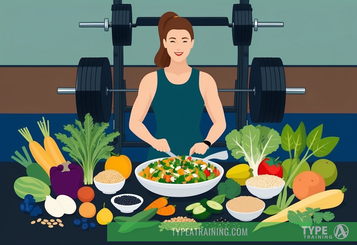 A plant-based meal being prepared, surrounded by various fruits, vegetables, grains, and legumes. A weightlifting gym in the background with equipment and weights