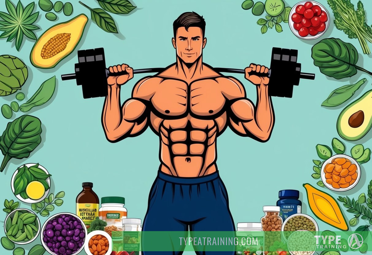 A muscular figure lifting weights surrounded by a variety of plant-based foods and supplements