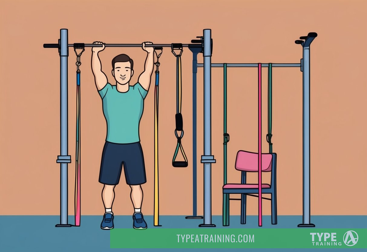 A person using resistance bands, a pull-up bar, and a chair for modified pull-up exercises