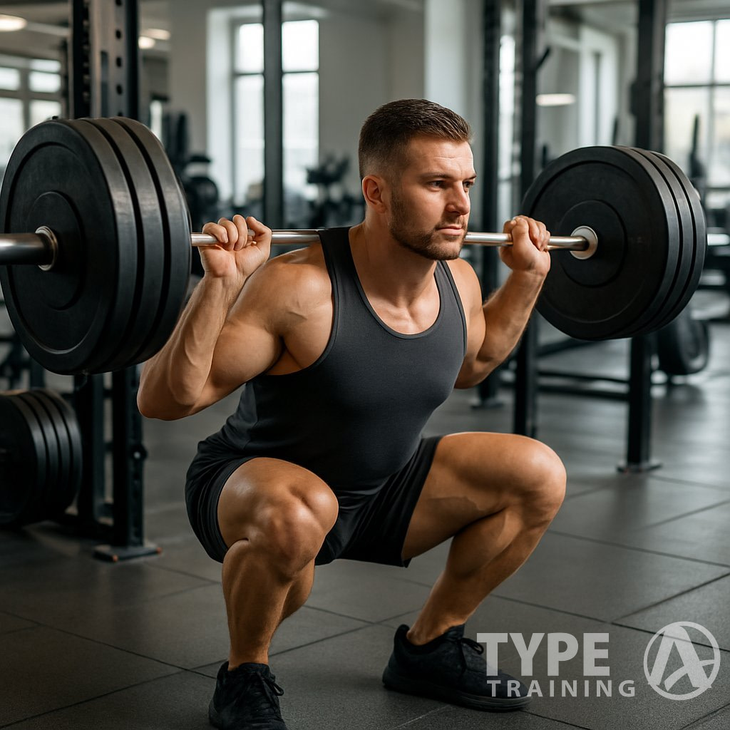 A muscular man performing a deep squat with a barbell on his shoulders in a gym.