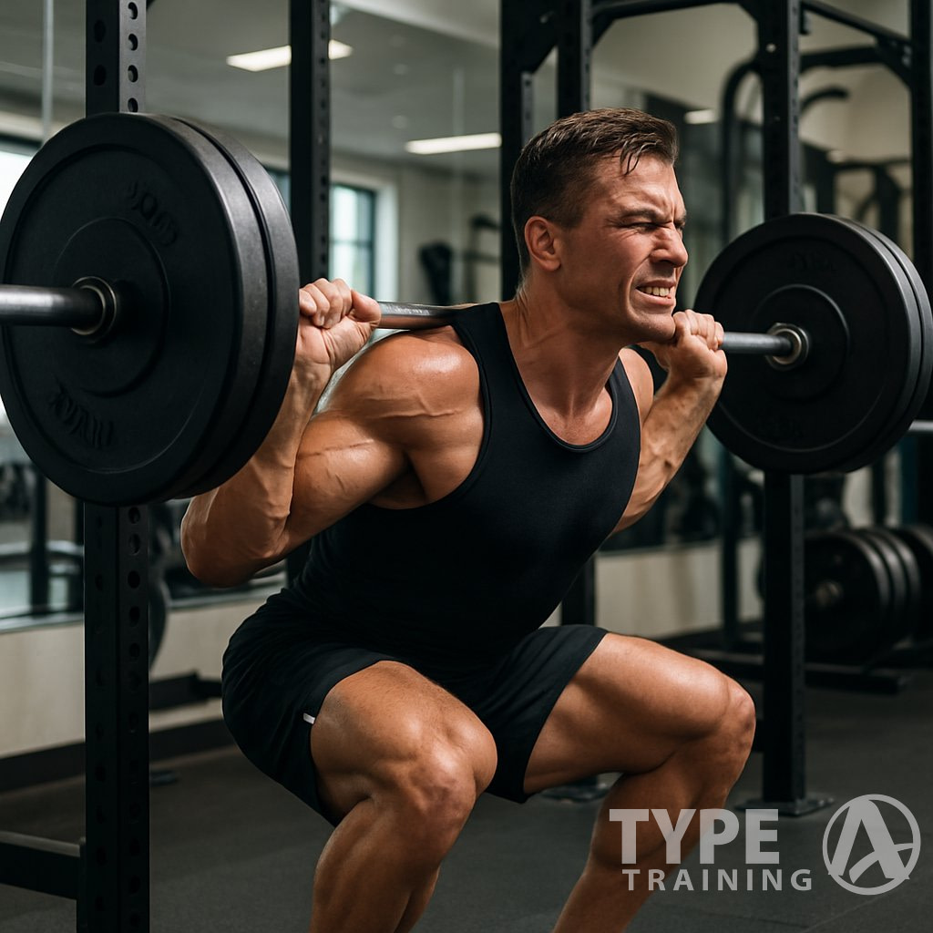 A muscular man performing a heavy barbell back squat in a gym.