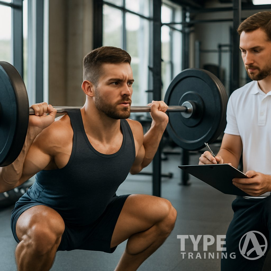 A muscular man performing a deep squat with a barbell in a gym while a coach observes and takes notes.